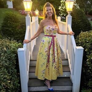 MARCHESA NOTTE Yellow Floral Printed Mikado Strapless Tea Midi Dress Size 18